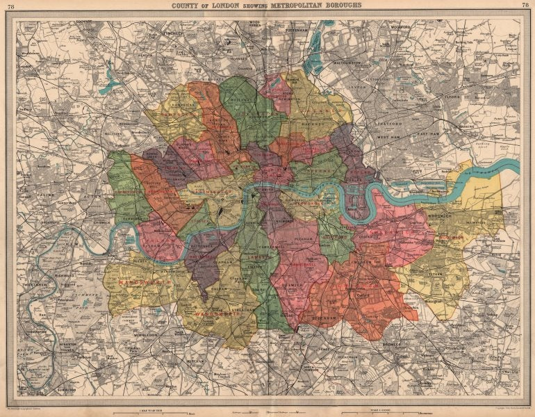 COUNTY OF LONDON Showing Metropolitan Boroughs Railways tube. LARGE 1939 map